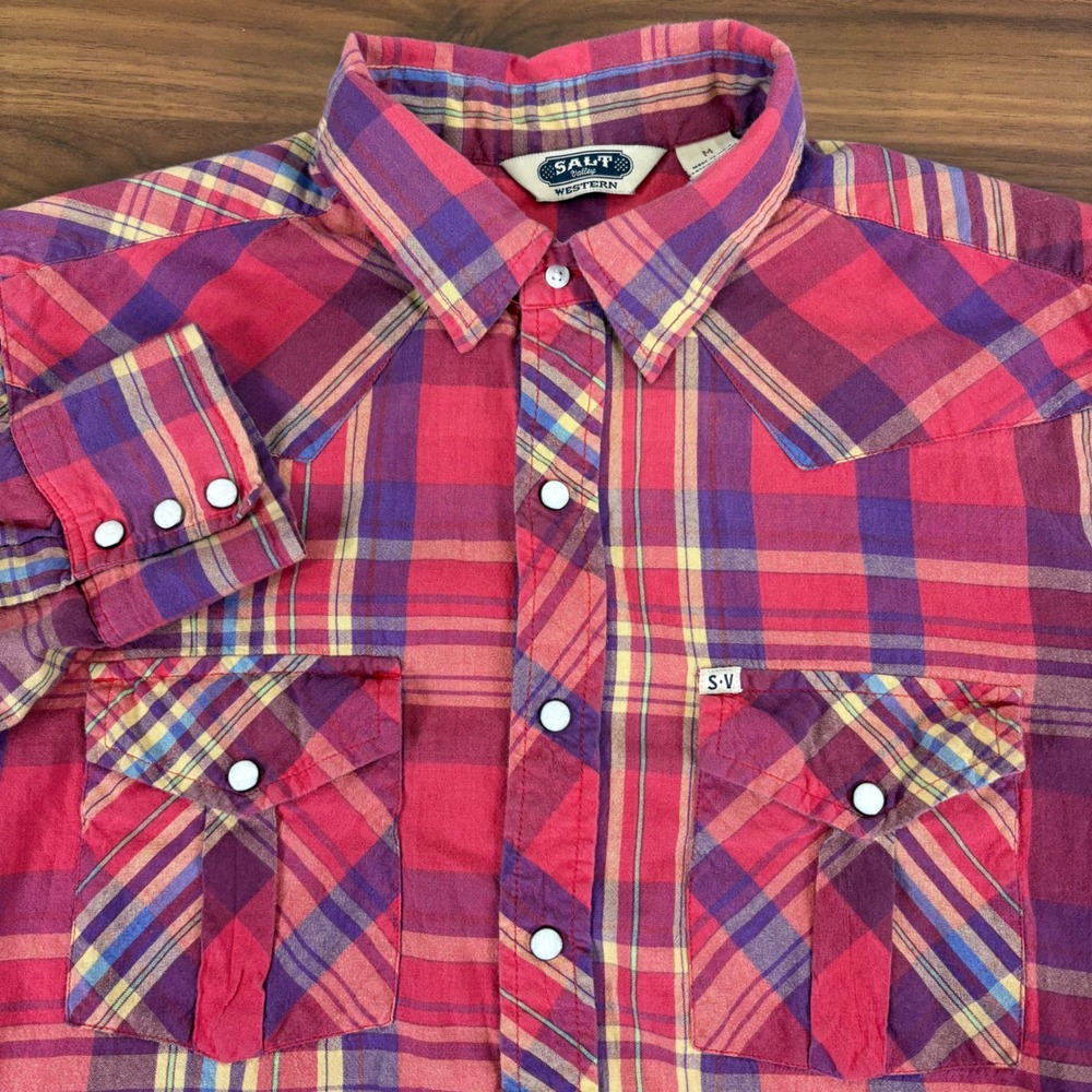 Salt Valley Western Red Purple Plaid Pearl‎ Snap Front Long Sleeve Shirt Size M